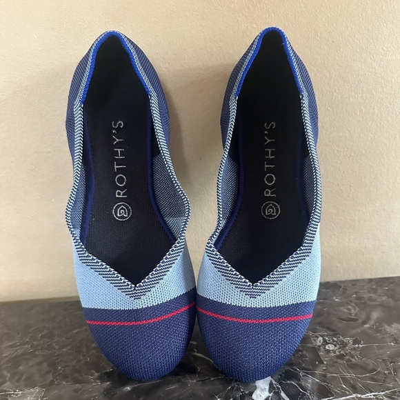 Rothy’s Navy Light Blue Red Stripe Colorblock Rounded Flats Size 8.5 - Picture 3 of 10